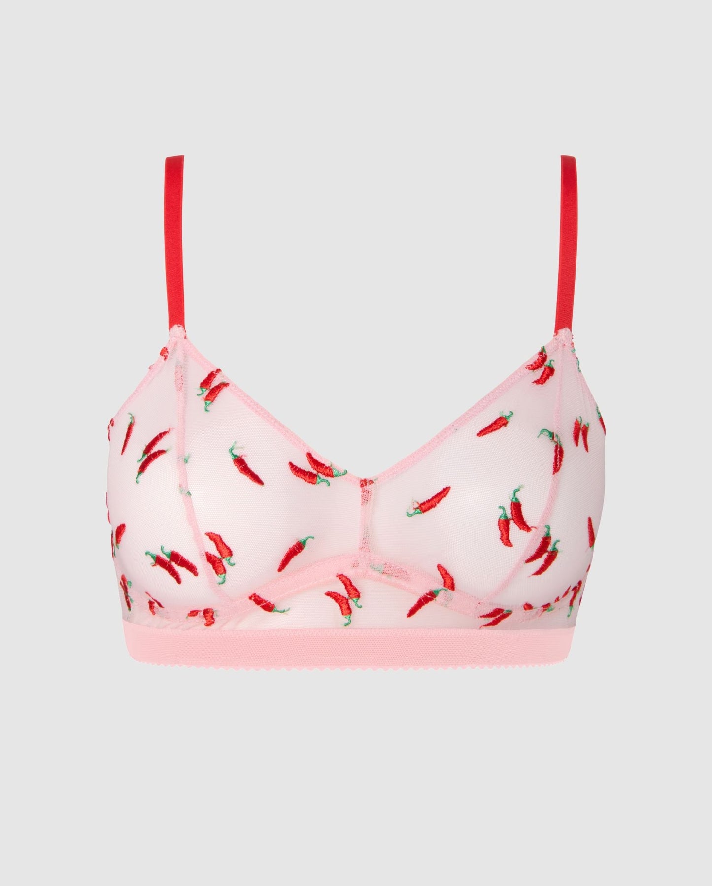 An mesh balconette in powder pink and red.