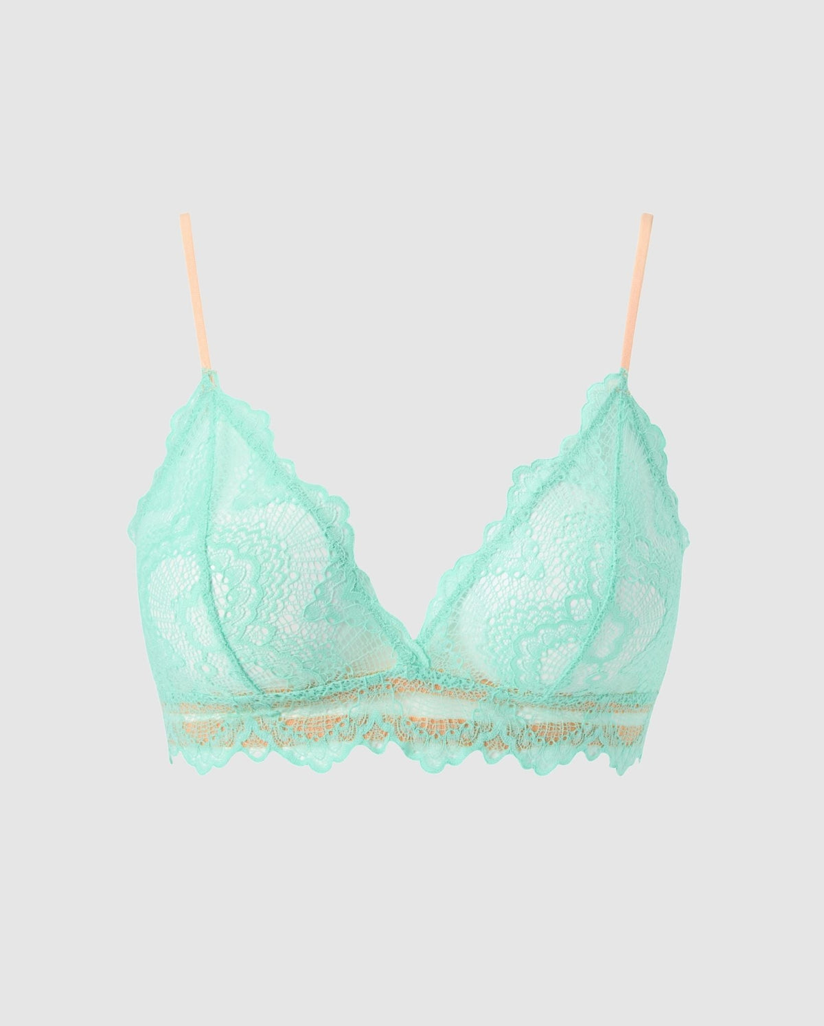 An lace triangle bralette in turquoise with peach accessories.