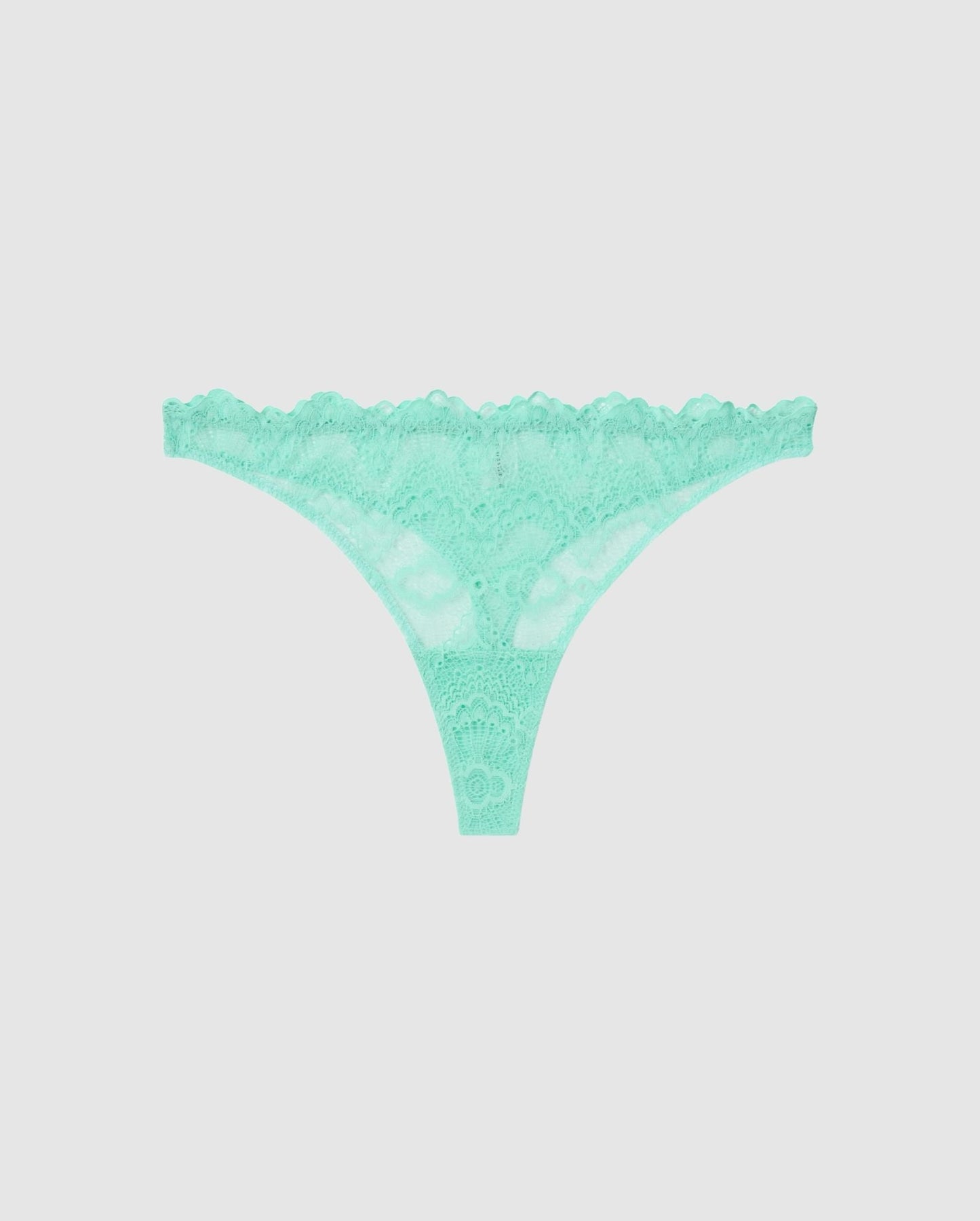 An mid rise high cut panty in turquoise lace.