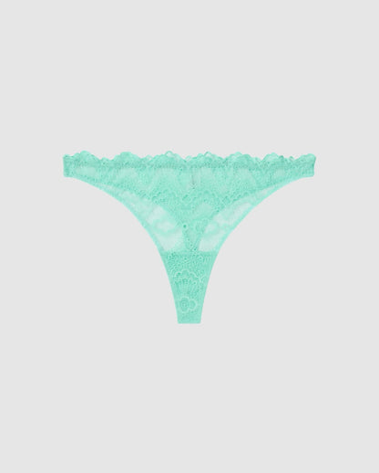 An mid rise high cut panty in turquoise lace.