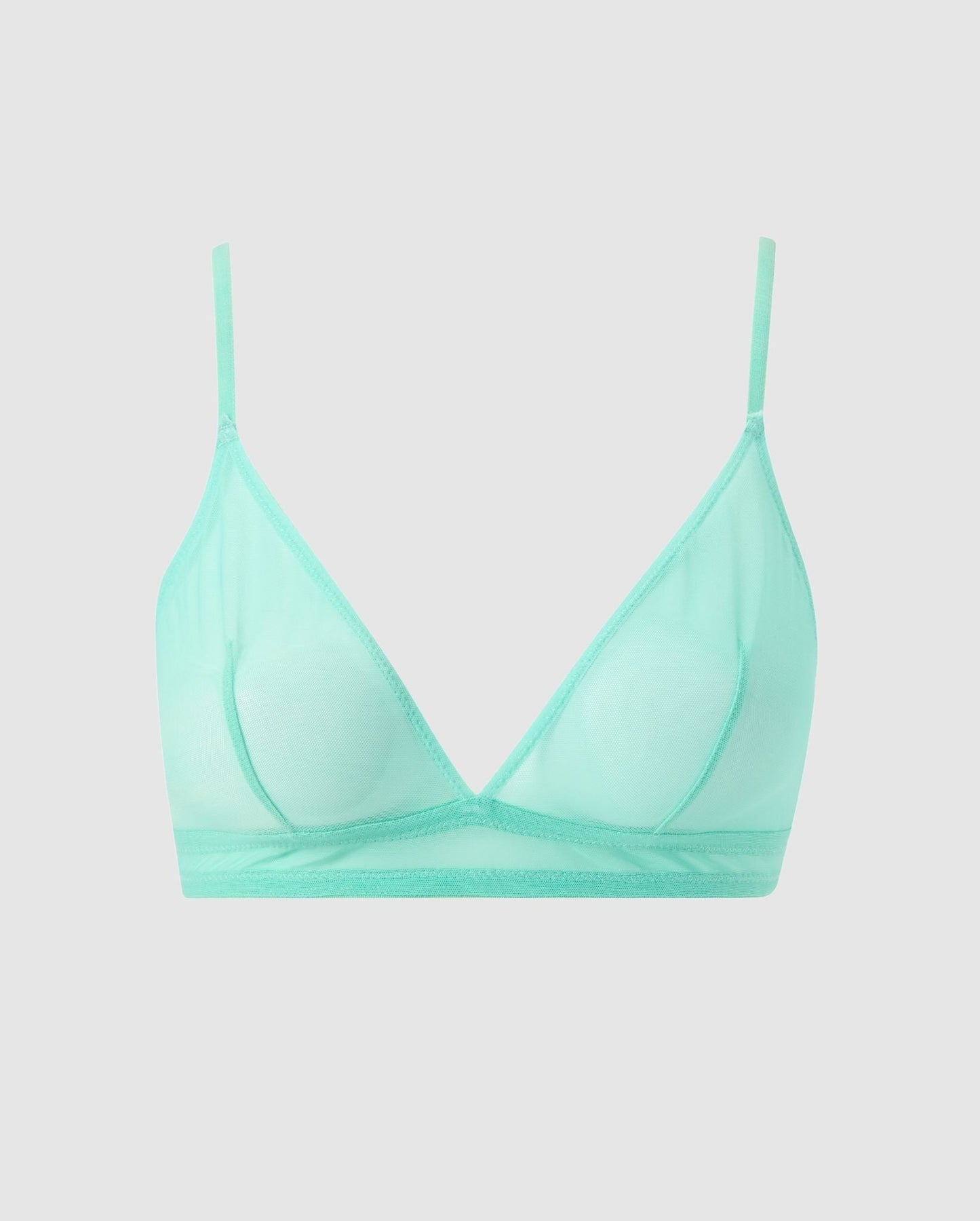 An mesh triangle bralette in turquoise.