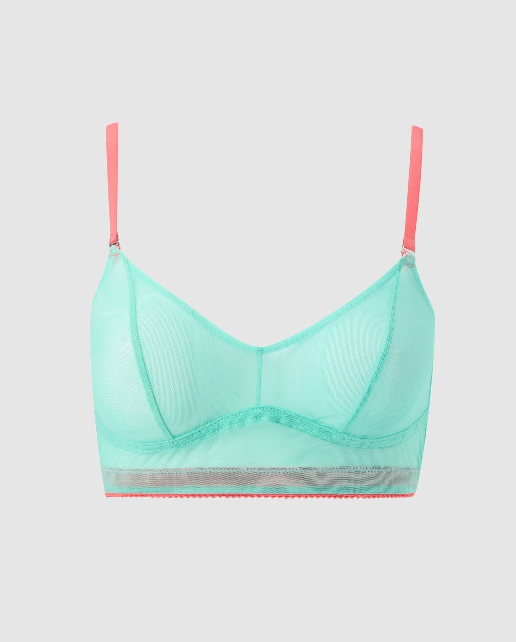 An mesh balconette in turquoise with coral accessories.