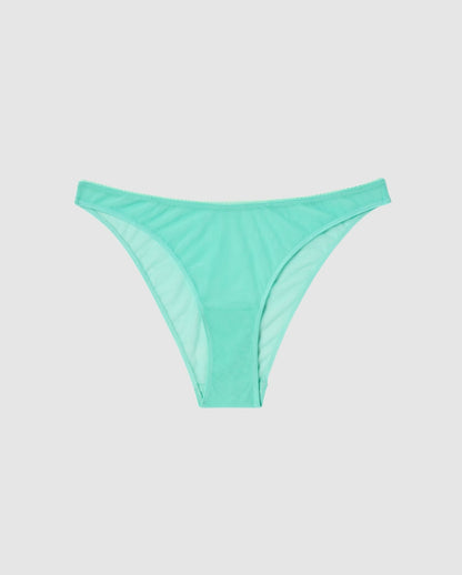 An mesh bikini brief in turquoise.