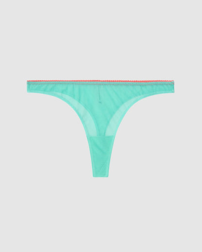 An high cut mid rise mesh panty in turquoise.