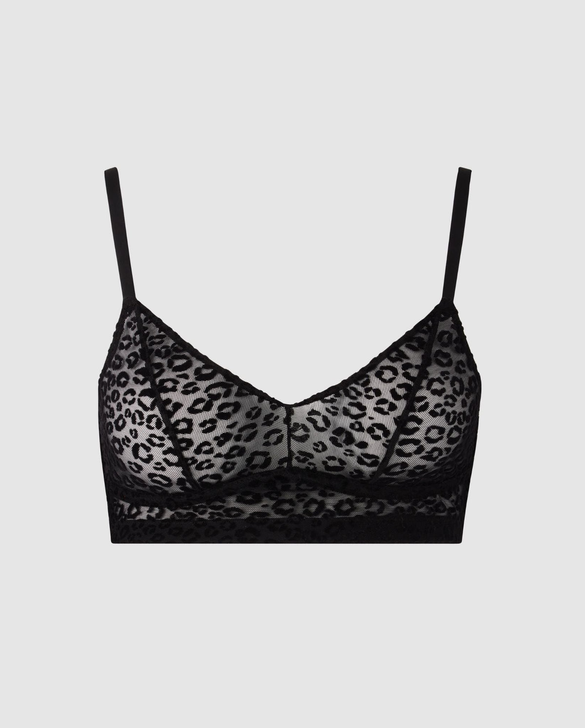 An wire-free mesh balconette in an black leopard design.