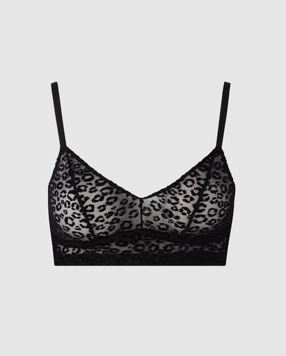 An wire-free mesh balconette in an black leopard design.