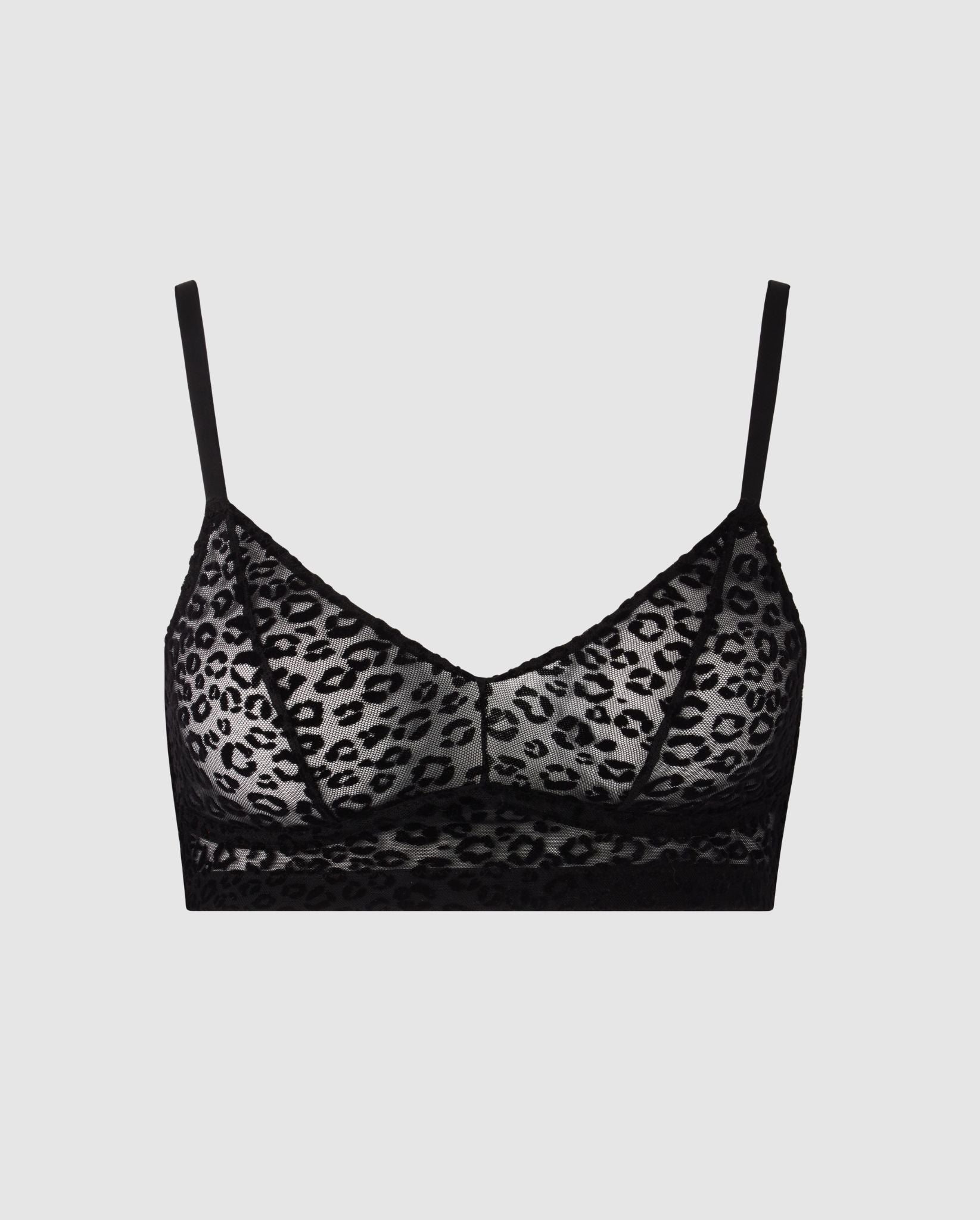 An wire-free mesh balconette in an black leopard design.
