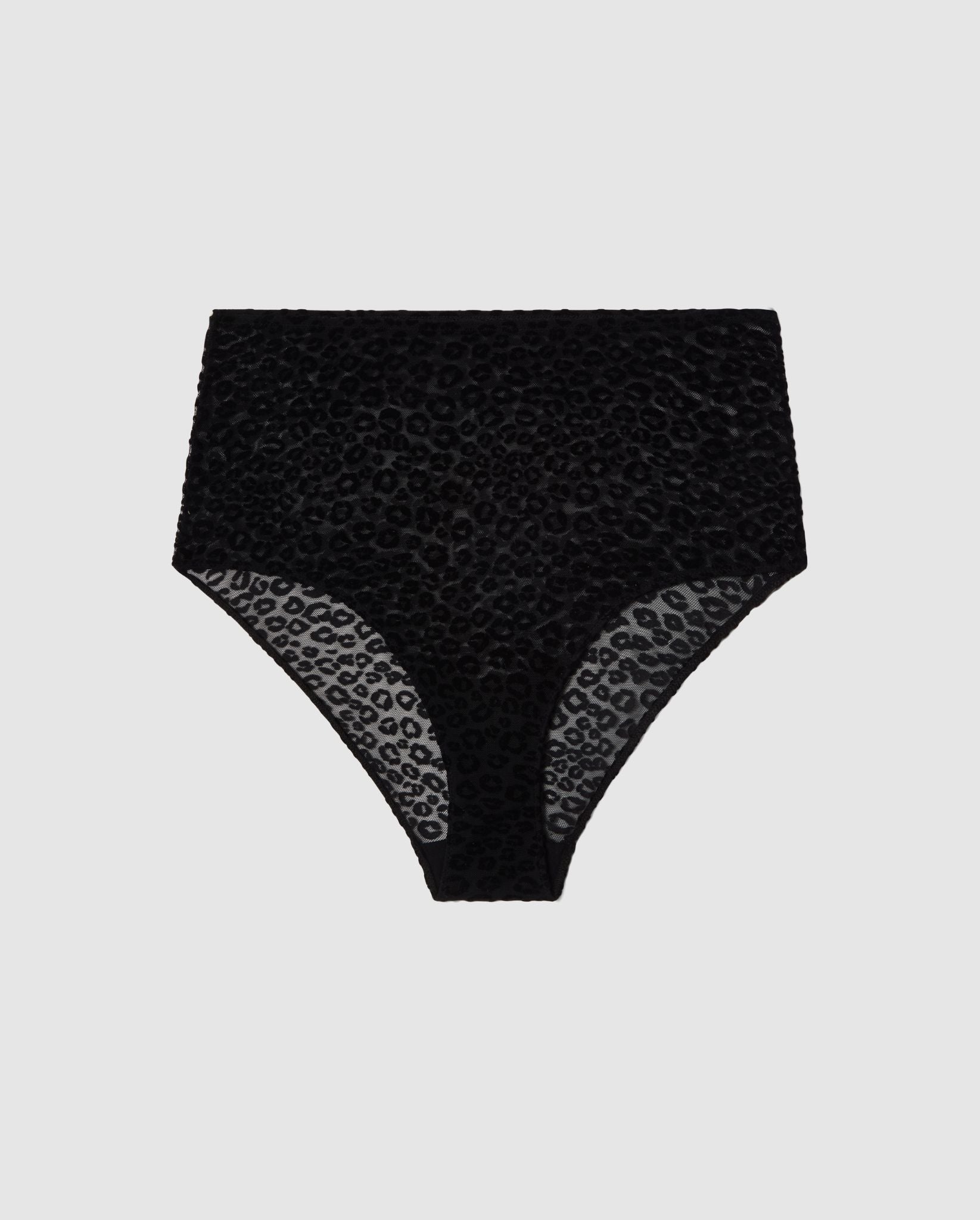 An soft High-waist Mesh Bikini brief with an black leopard design. 