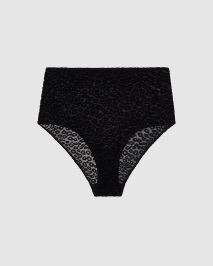 An soft High-waist Mesh Bikini brief with an black leopard design. 