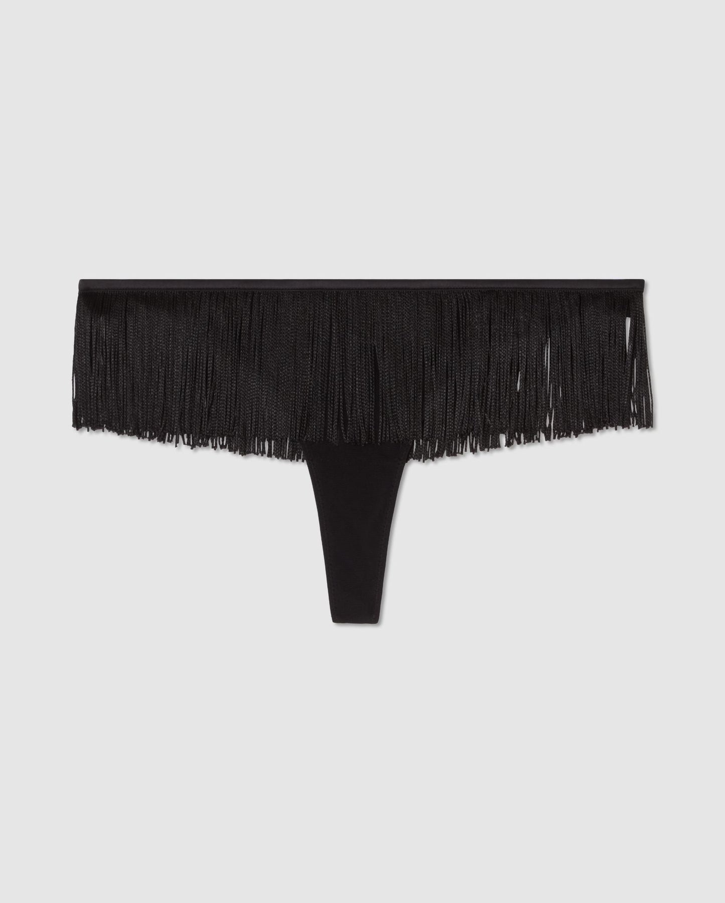 An interesting high cut pant in black with fringe accessories.
