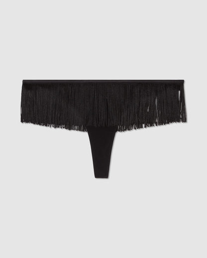 An interesting high cut pant in black with fringe accessories.