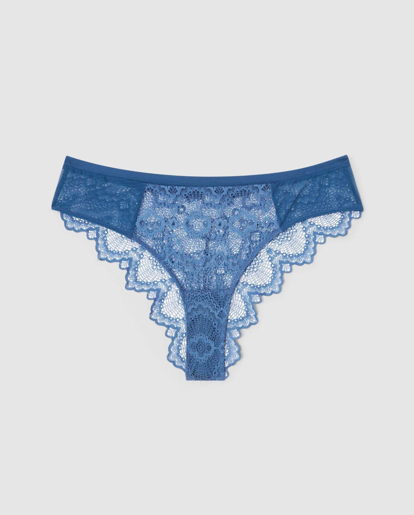 An flattering lace panty in blue storm.