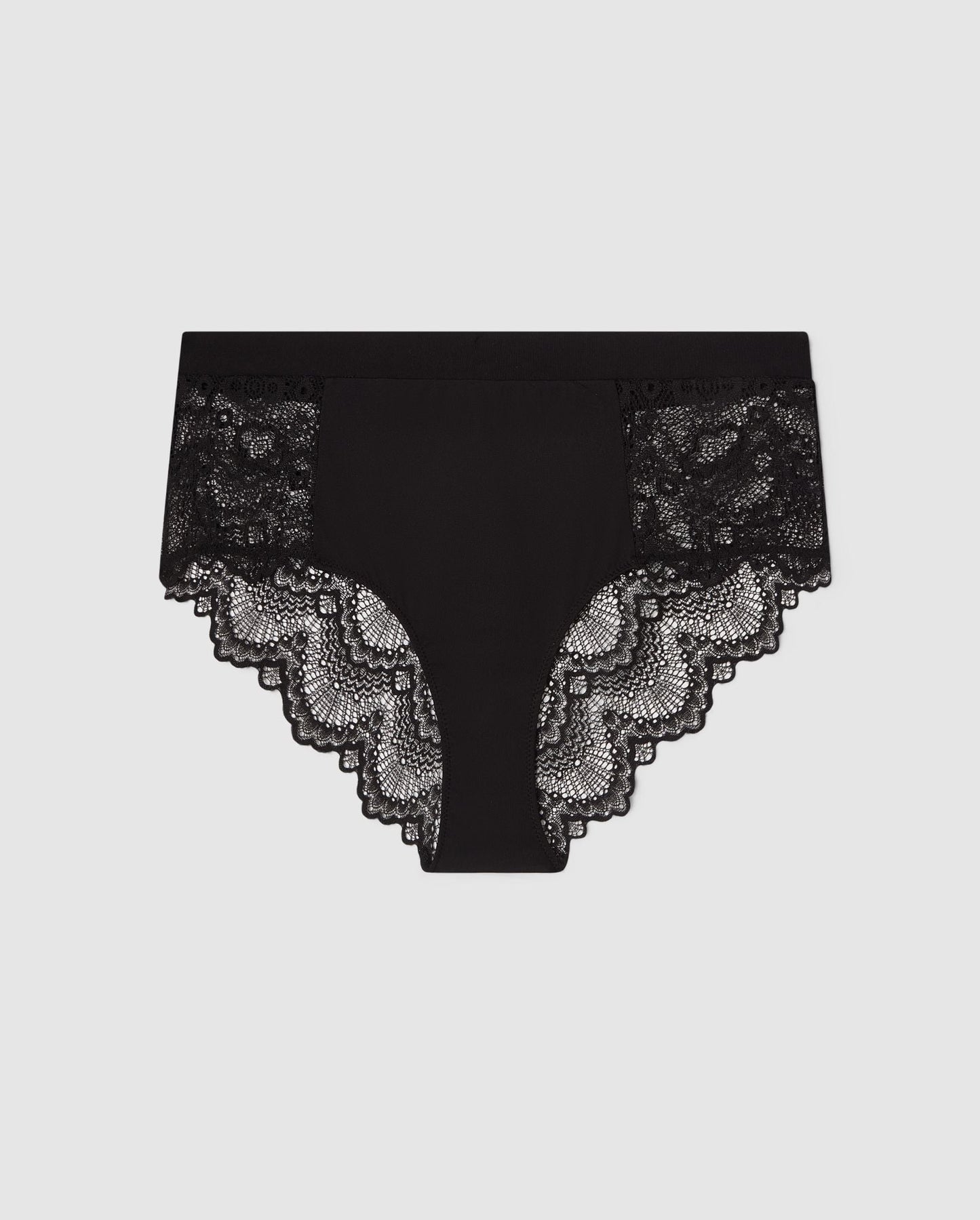 An highwaist lace brief with a black design. 