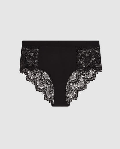 An highwaist lace brief with a black design. 