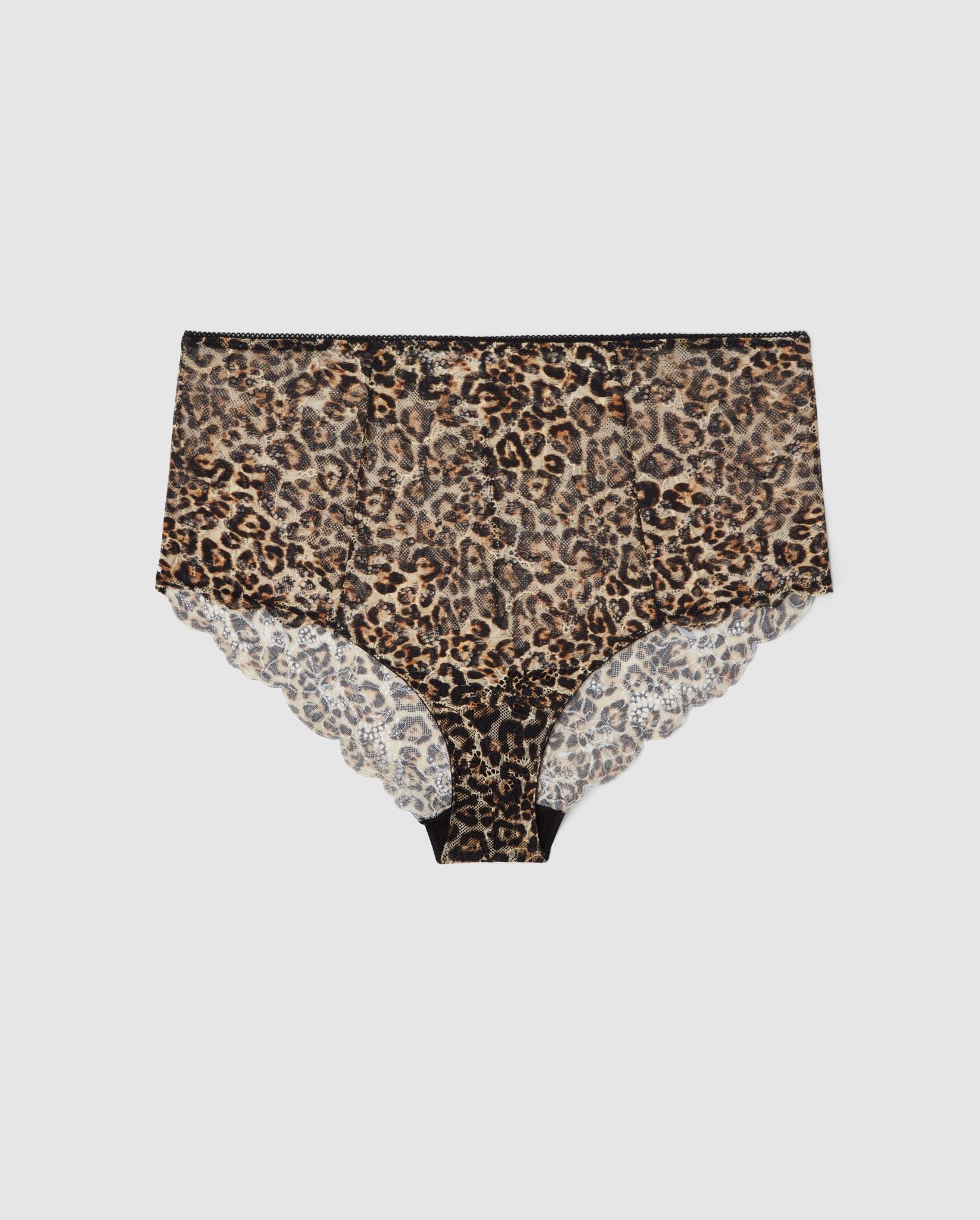 An highwaist lace Bikini brief with a leopard design. 