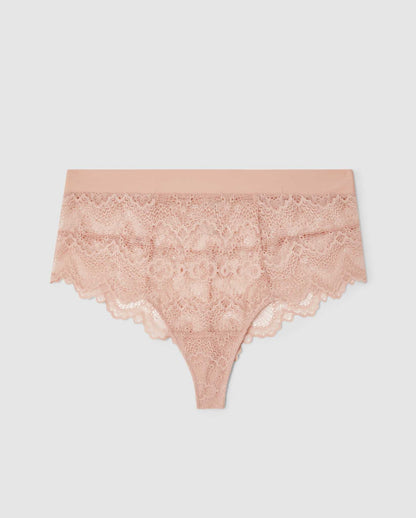 An highwaist high cut lace panty in beige.