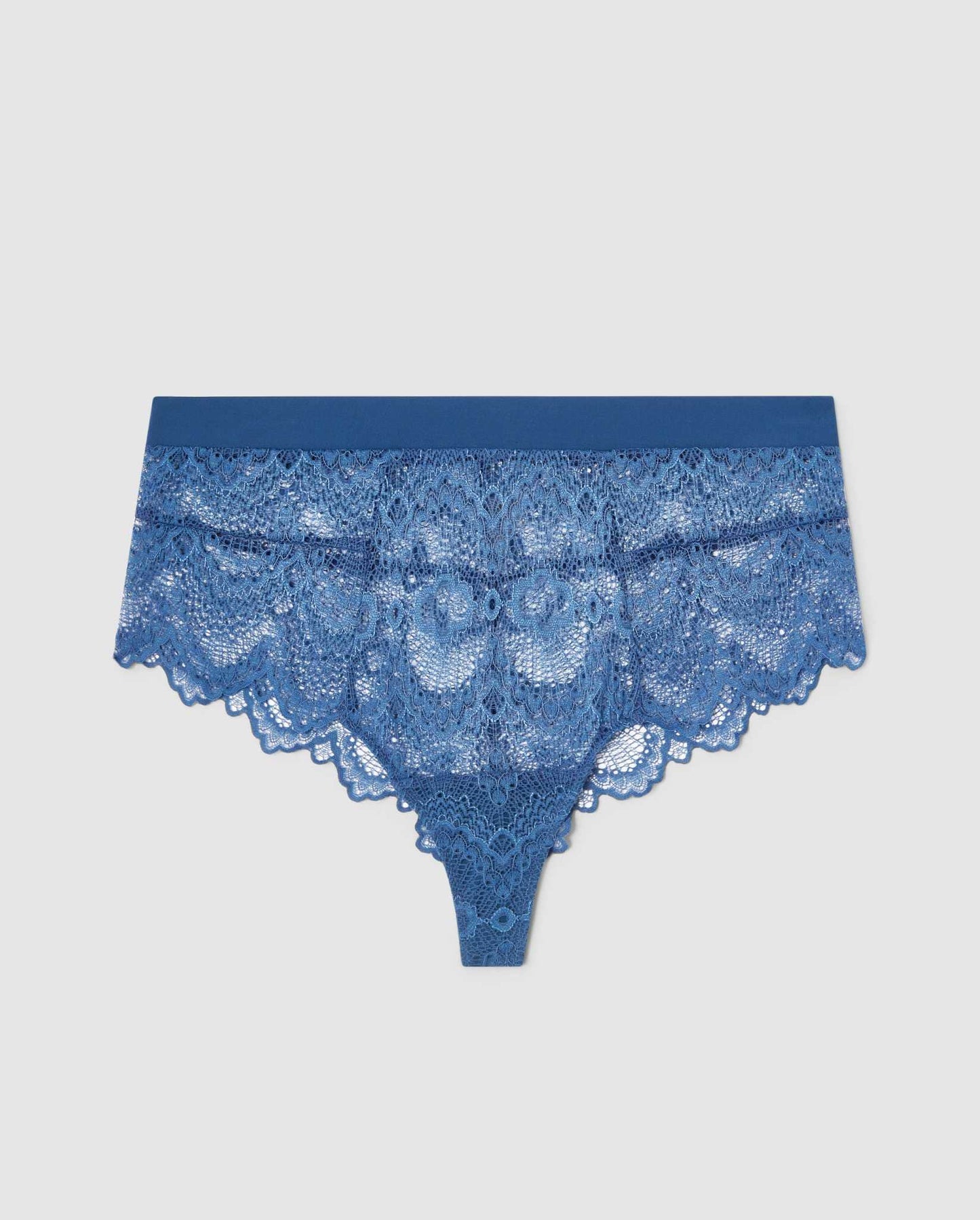 An highwaist high cut brief in blue lace.