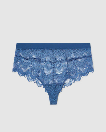 An highwaist high cut brief in blue lace.