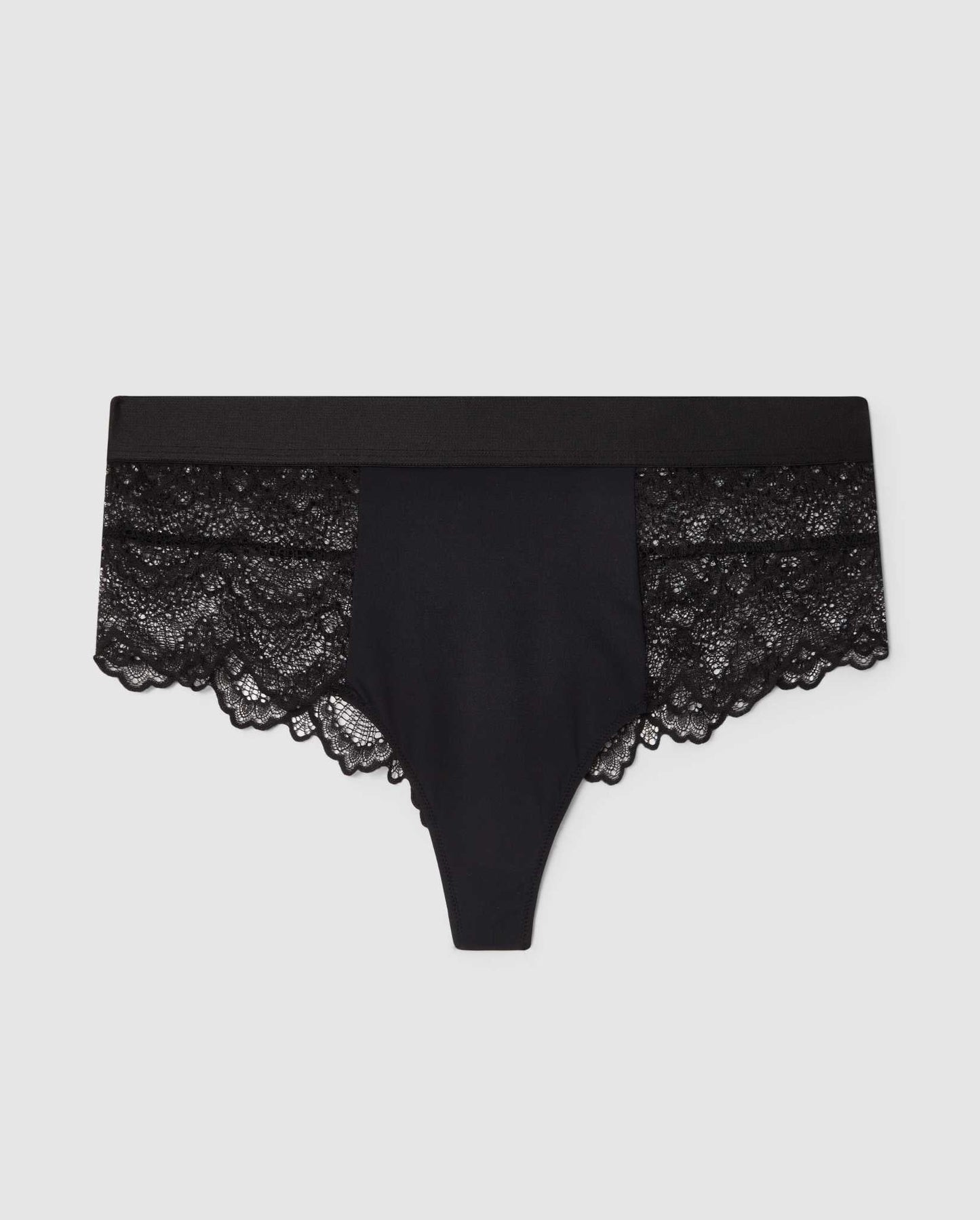 An high-cut mid rise panty in black lace.