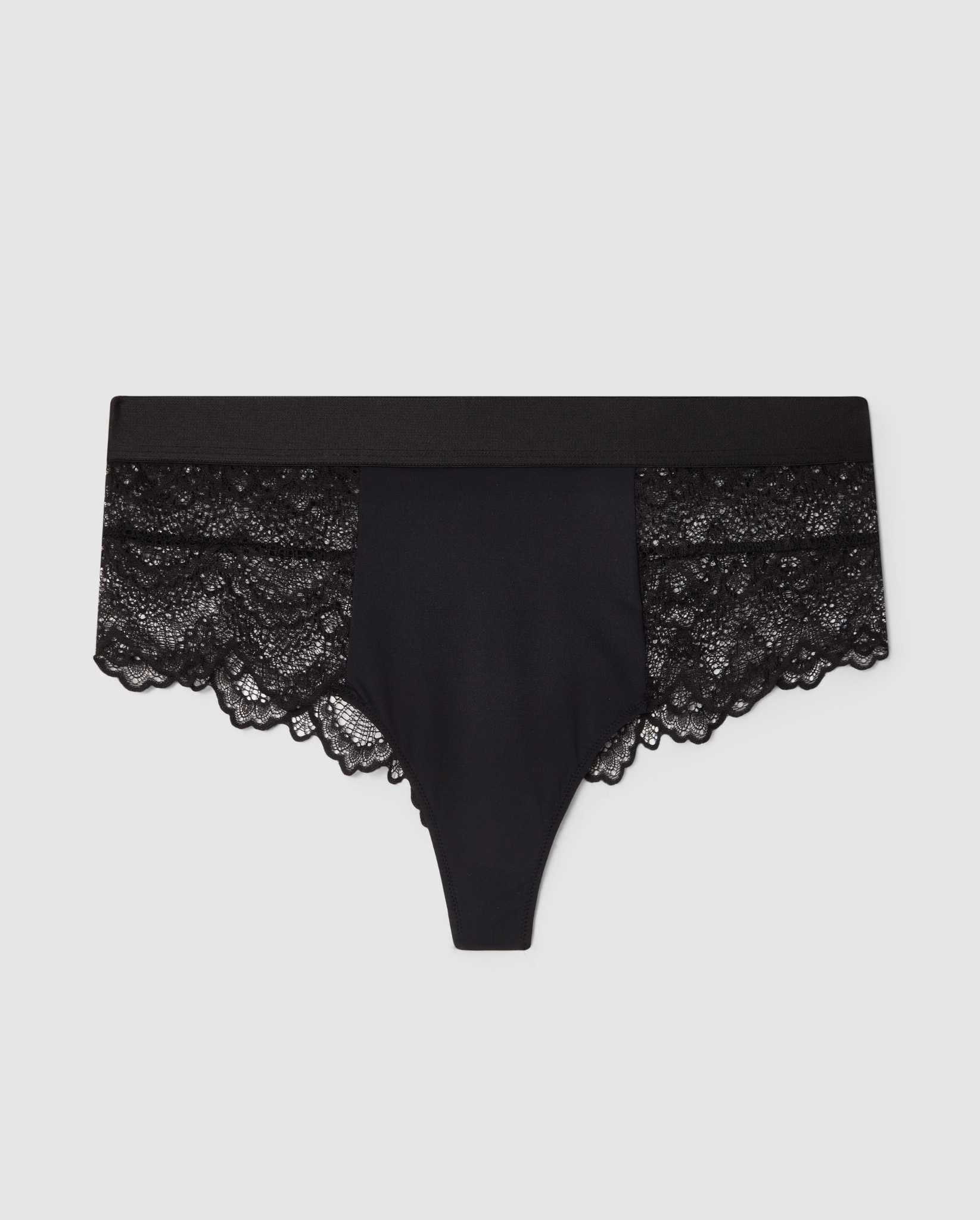An high-cut mid rise panty in black lace.