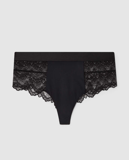An high-cut mid rise panty in black lace.
