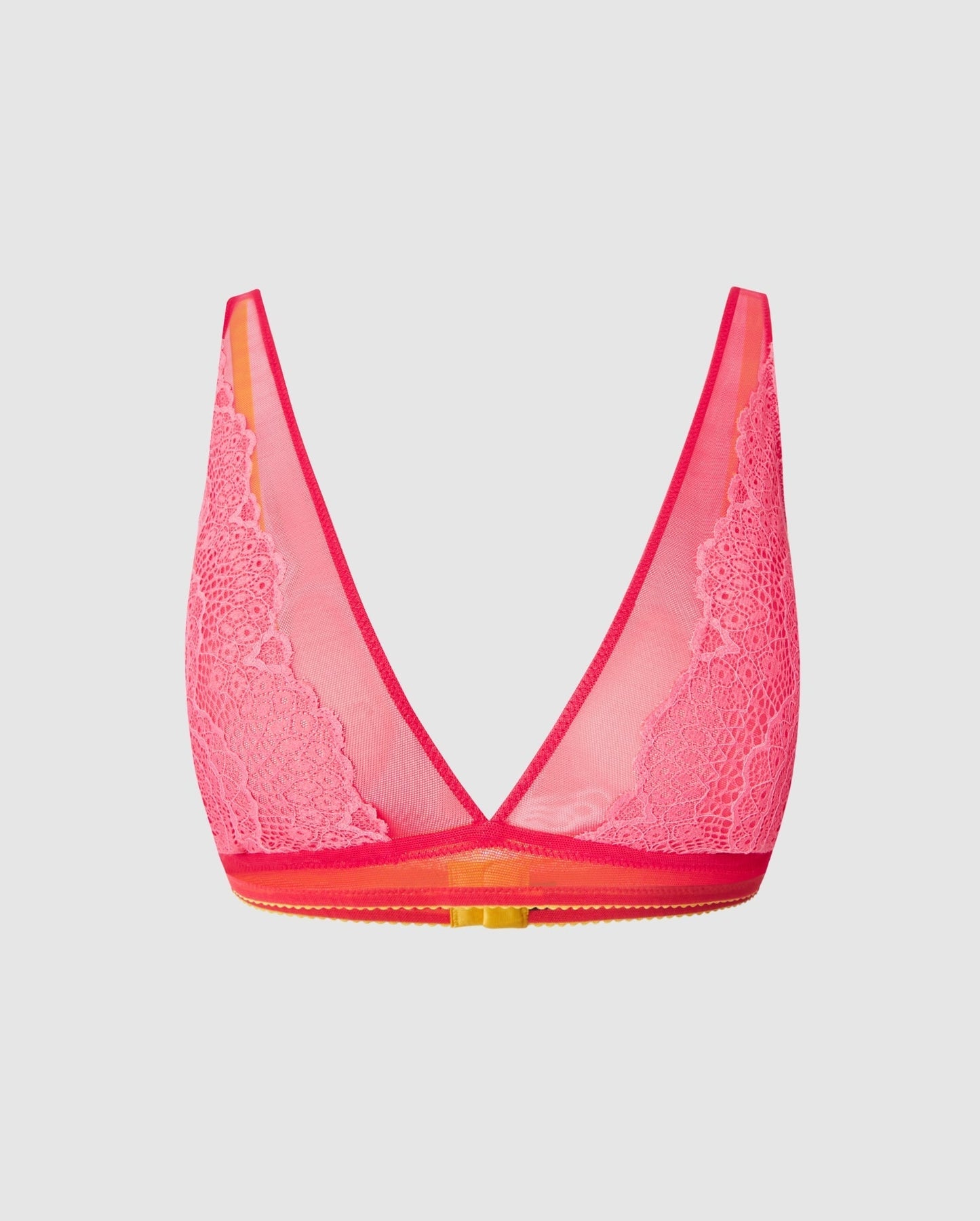 An lace plunge bralette in coral pink.
