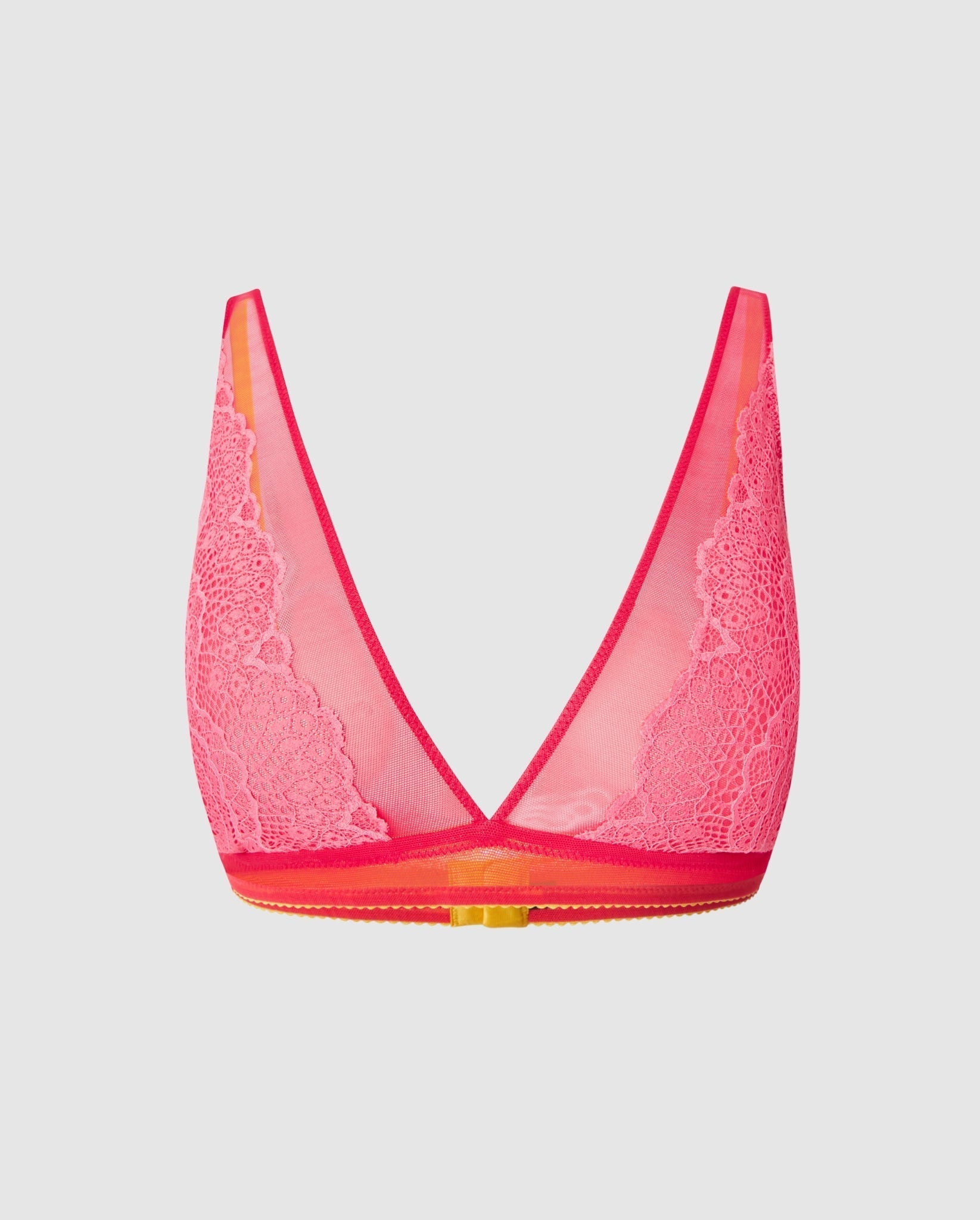 An lace plunge bralette in coral pink.