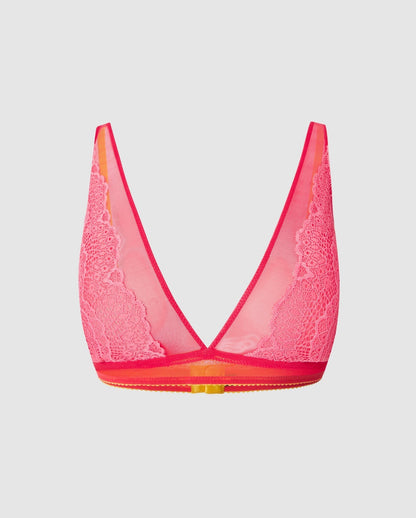 An lace plunge bralette in coral pink.