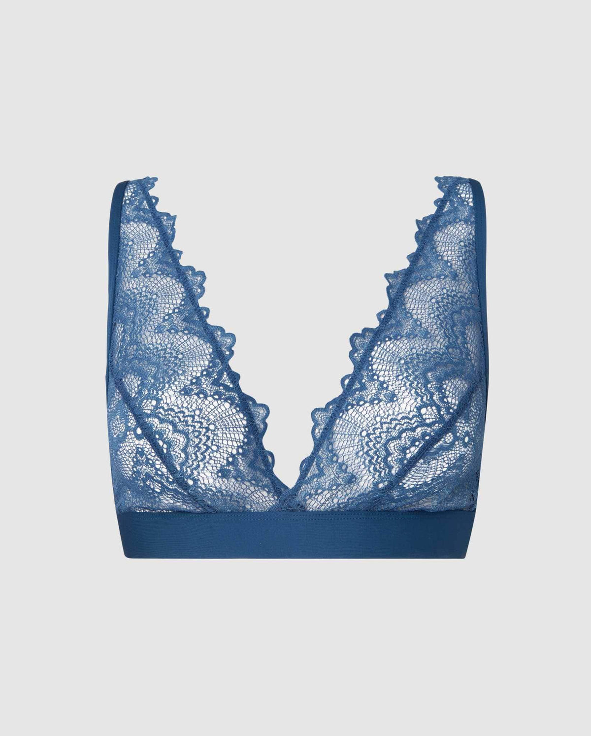 An lace plunge bralette in a stormy blue sky color.