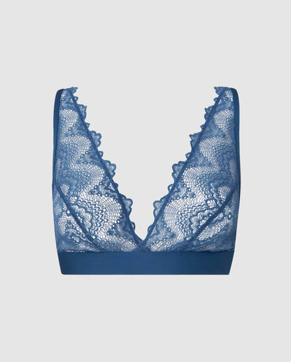 An lace plunge bralette in a stormy blue sky color.