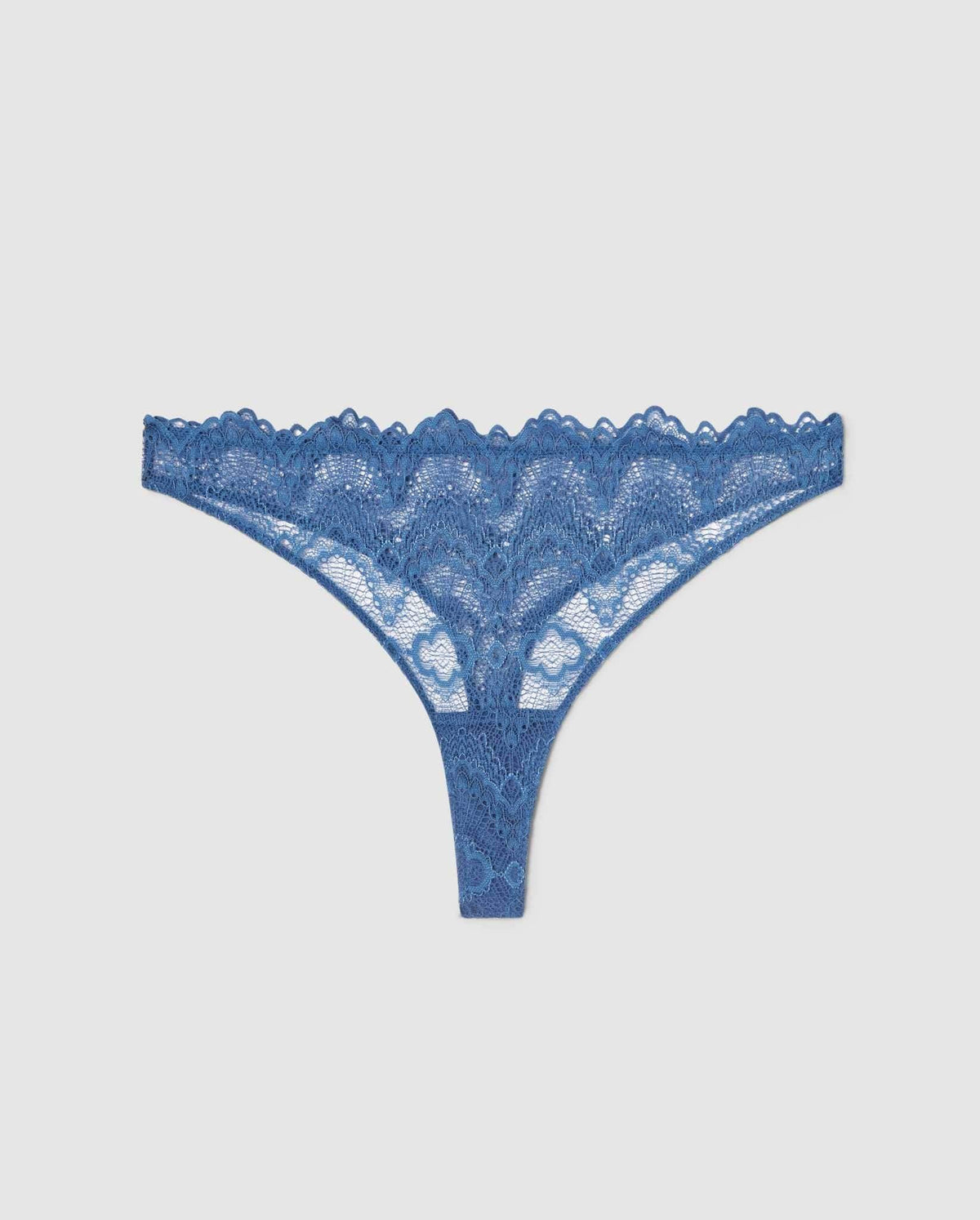 An lace mid rise high cut panty in faded blue.