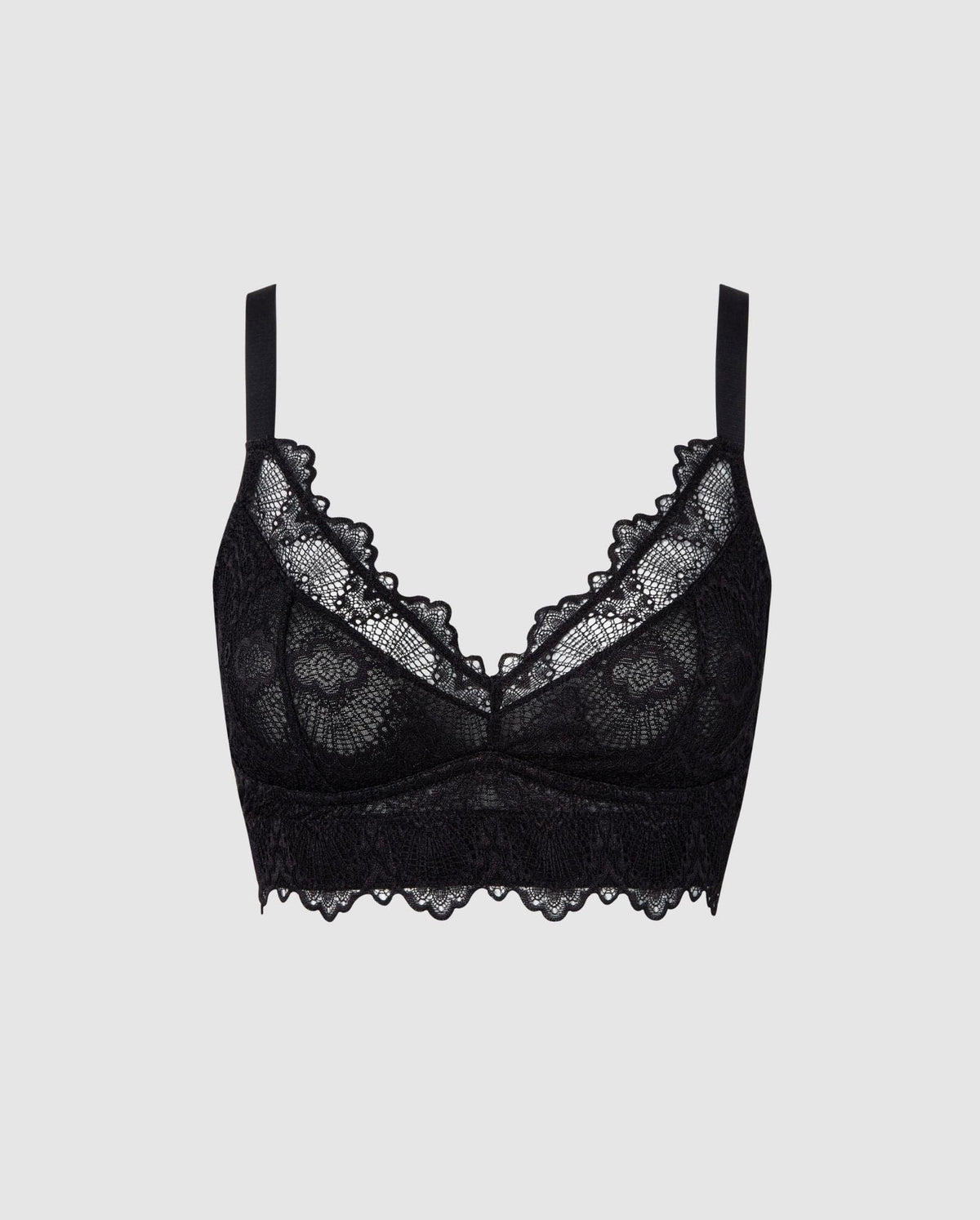 An supportive lace Bralette in an black color for larger cups with extra coverage and adjustable straps.