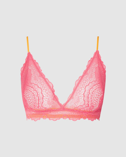 An lace triangle bralette in coral.