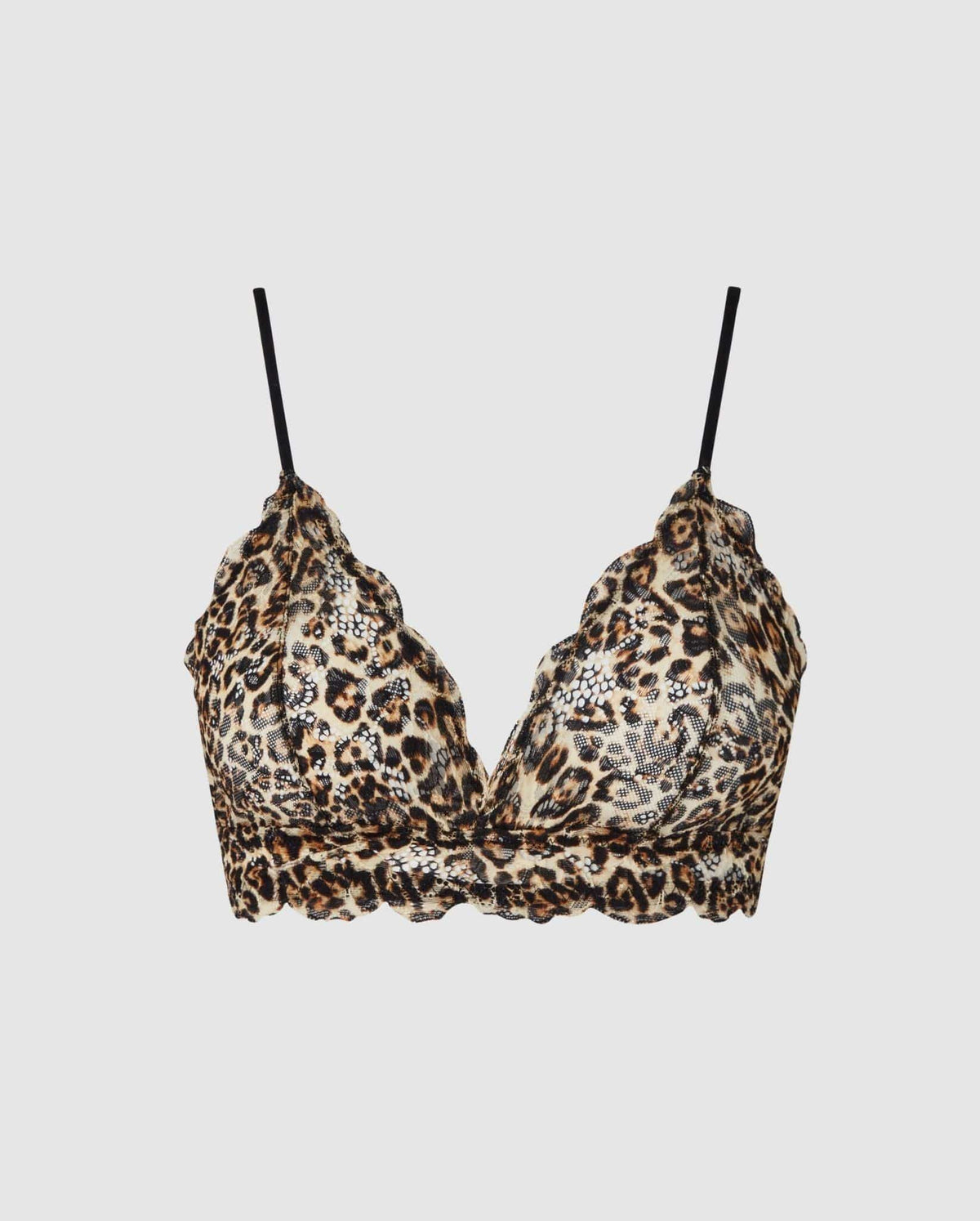 An medium cover scoop bralette in lace with an leopard print design.  