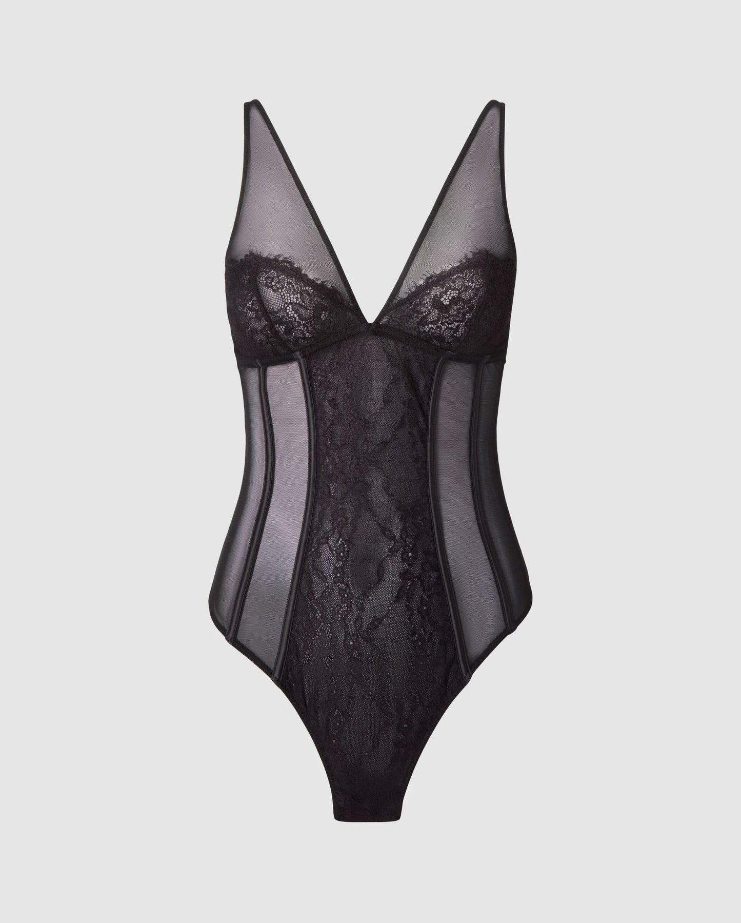Mesh Lace Plunge Body Black