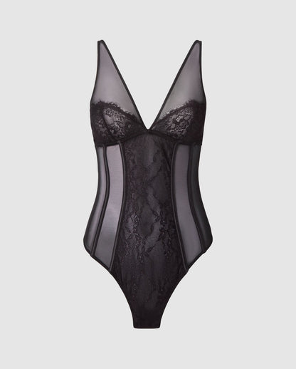 Mesh Lace Plunge Body Black