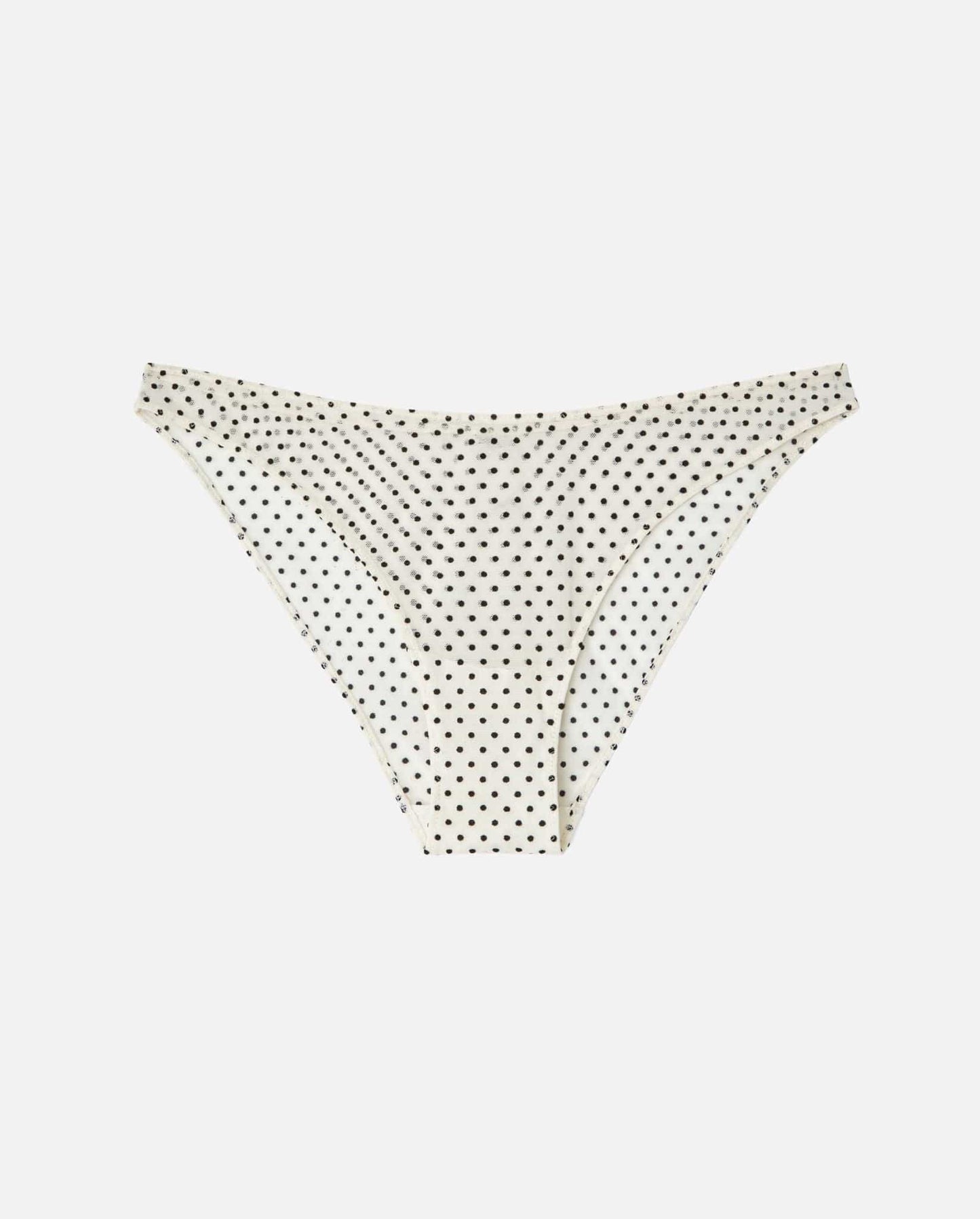An Mesh Bikini brief with a cream and black dot design. 