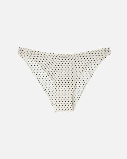 An Mesh Bikini brief with a cream and black dot design. 