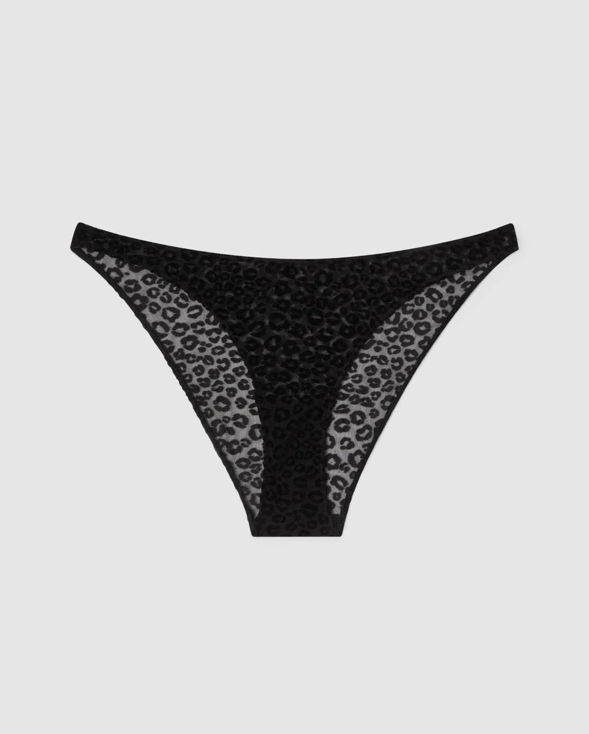 An Mesh Bikini brief with a black leopard print design. 