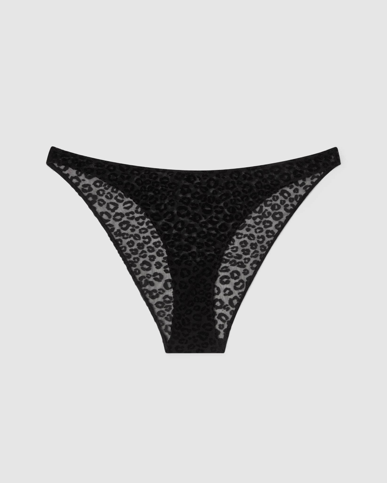 An Mesh Bikini brief with a black leopard print design. 