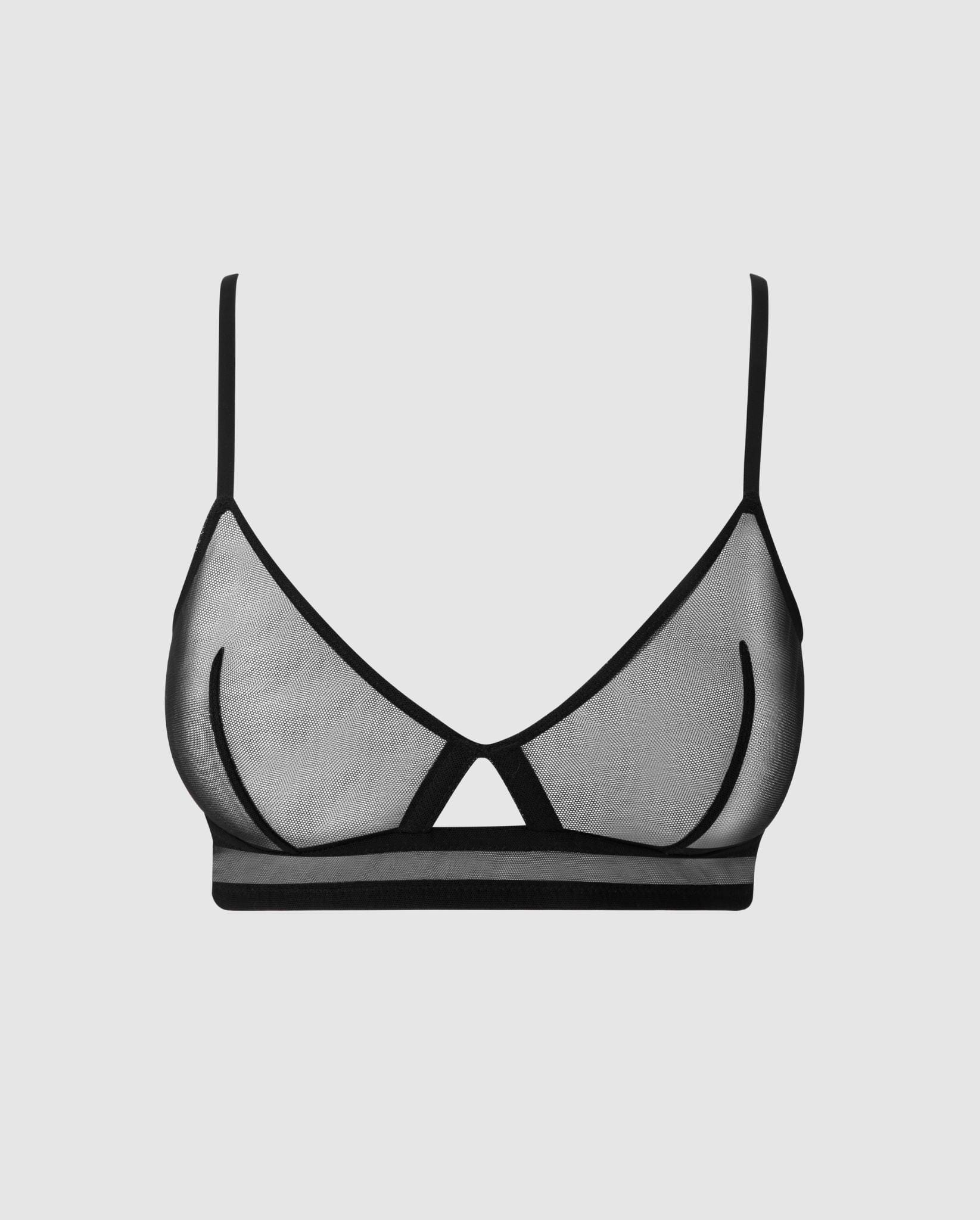 An mesh cut-out triangle bralette in black. 