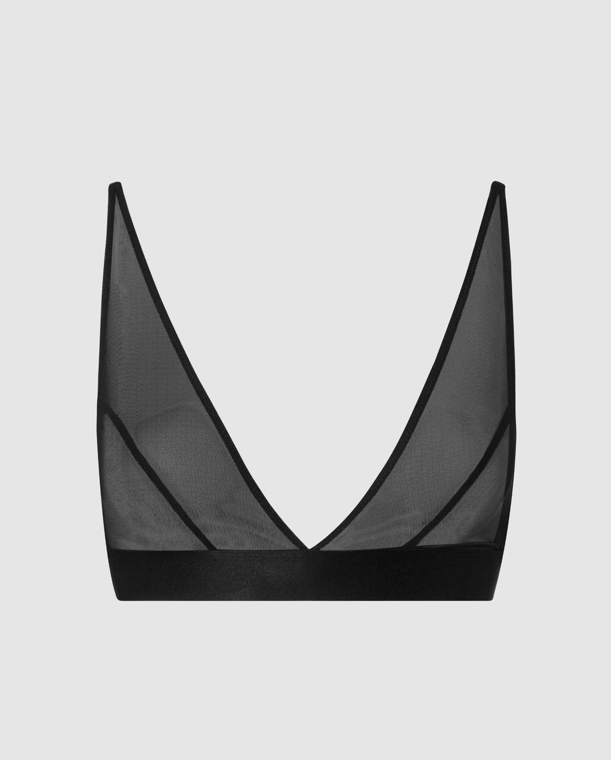 An mesh plunge bralette in black.