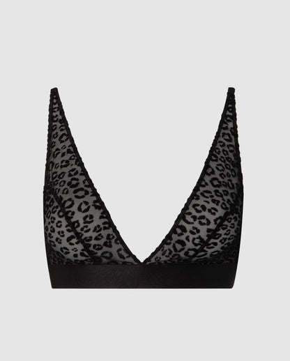 An mesh bralette in a plunge, v-neck design in black leopard.