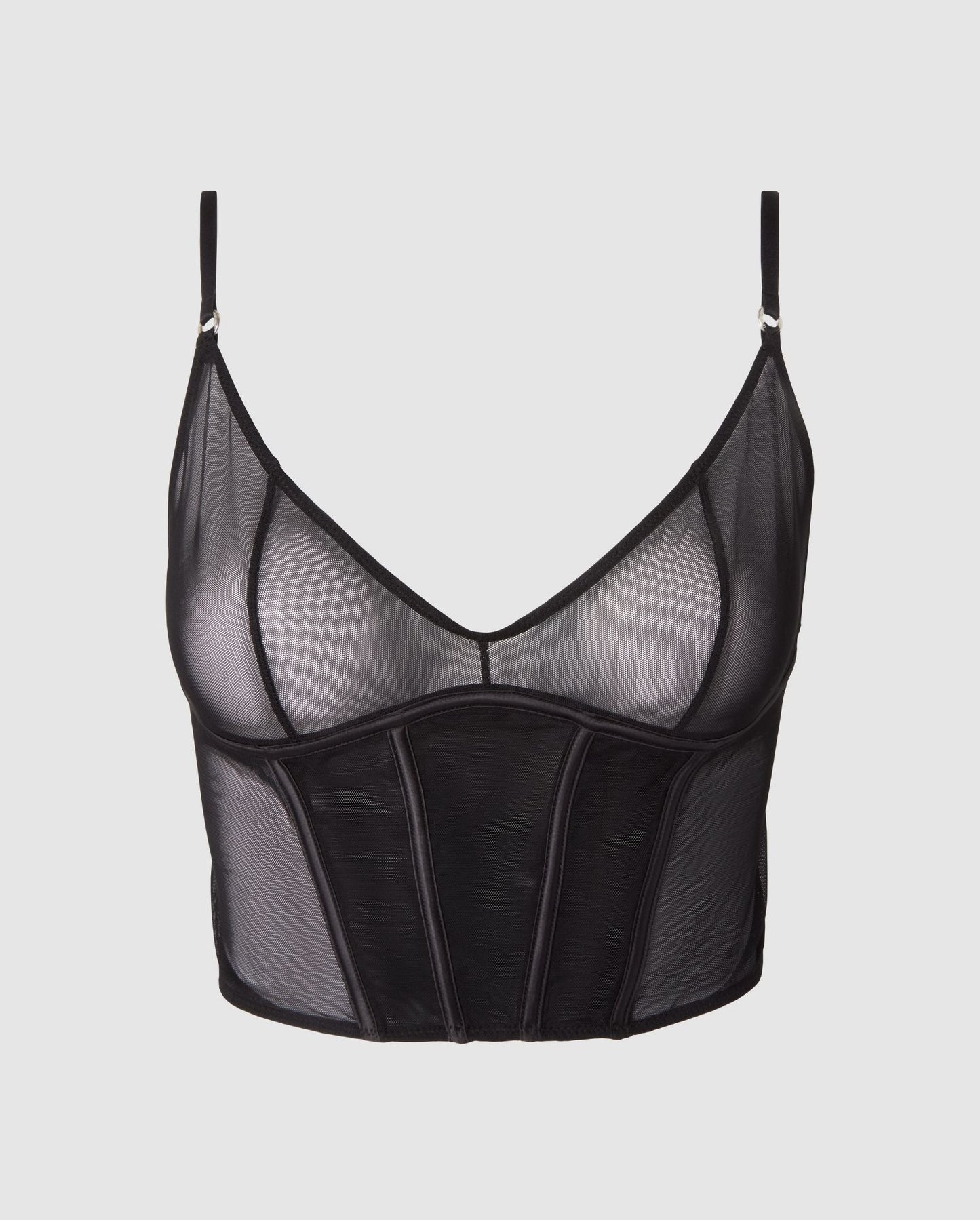 An mesh demi top bralette with black accessories.