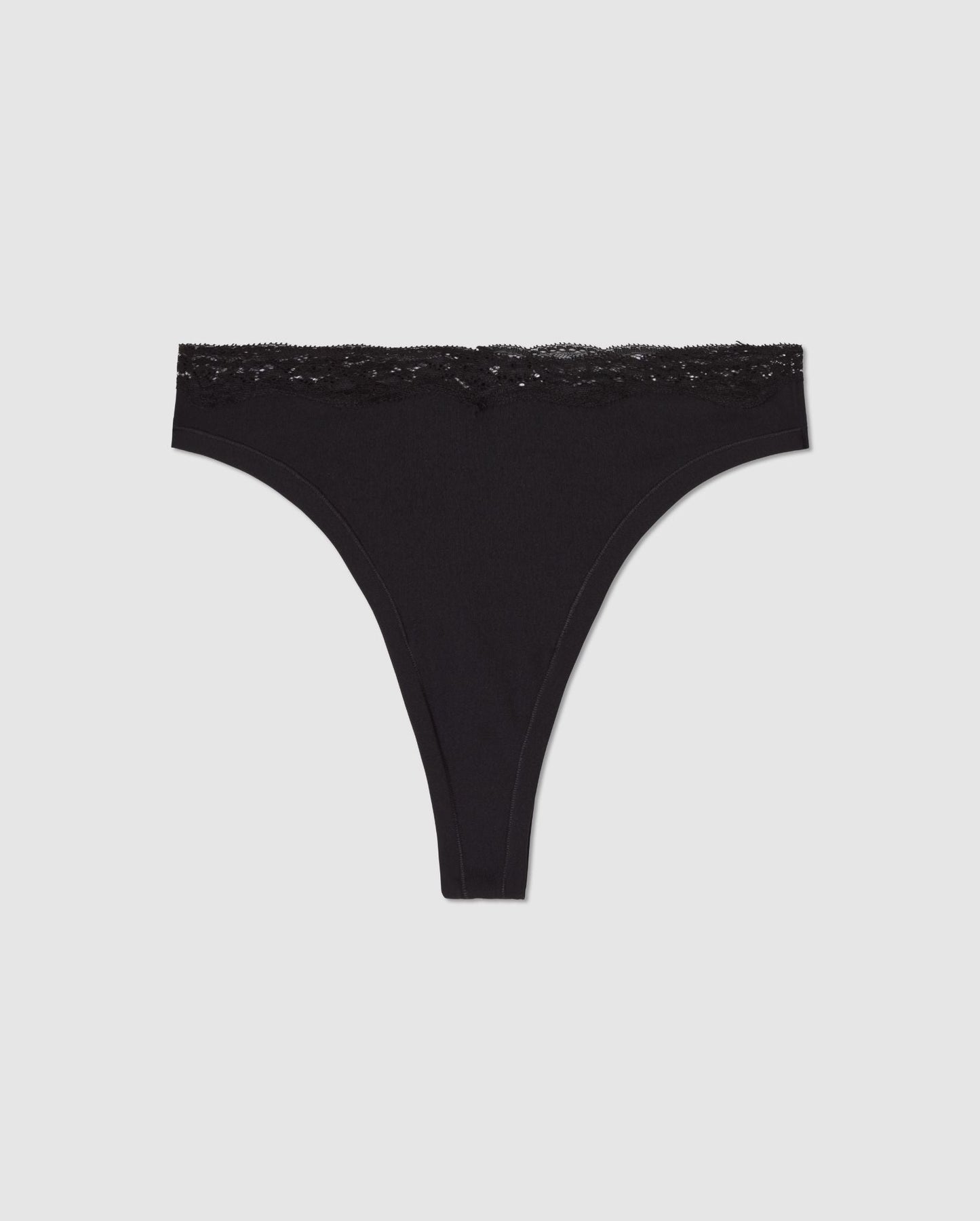 An microfibre high cut mid rise panty in black with lace trim.