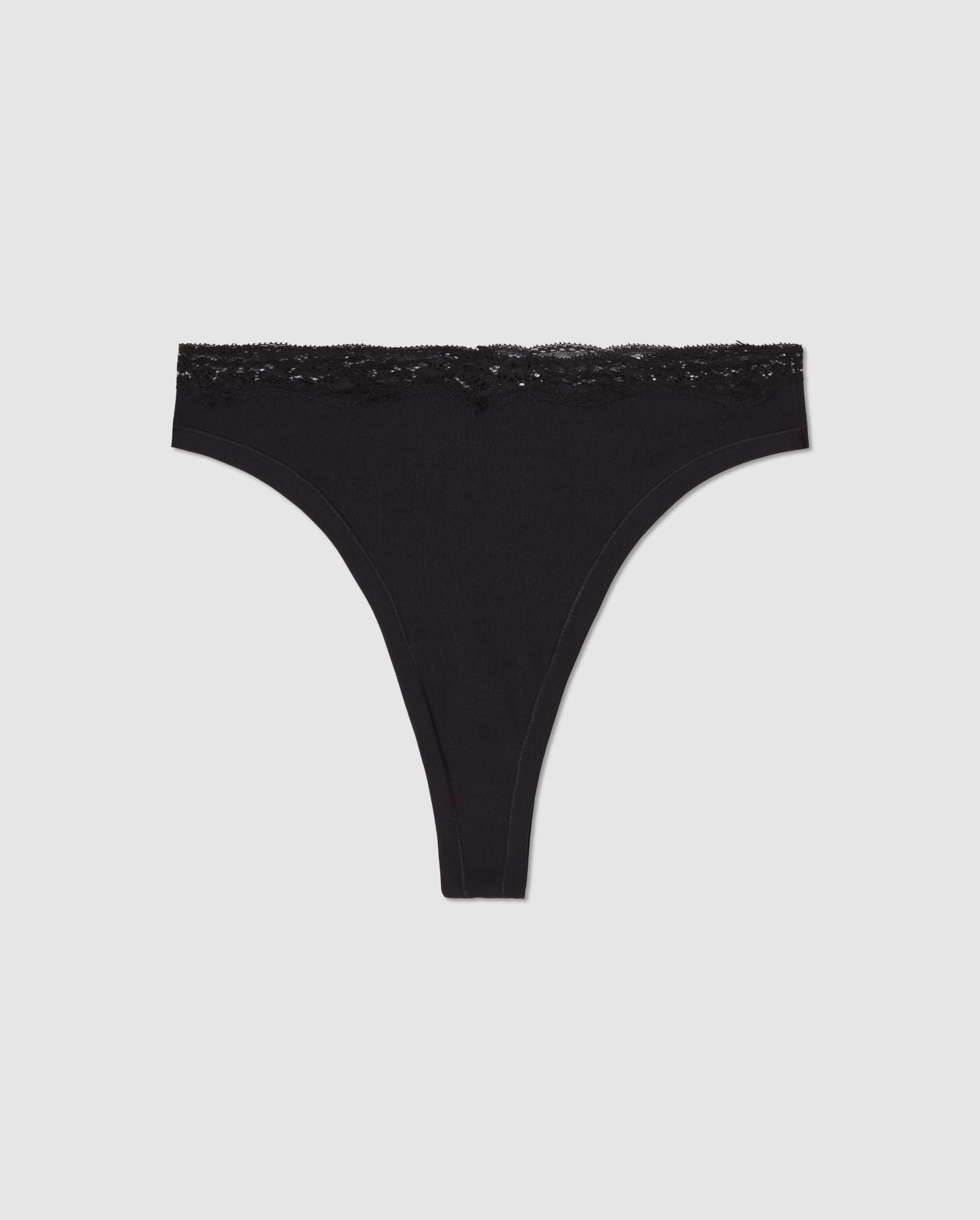 An microfibre high cut mid rise panty in black with lace trim.