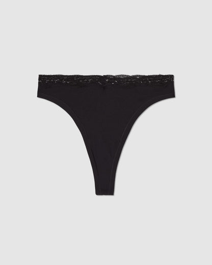 An microfibre high cut mid rise panty in black with lace trim.
