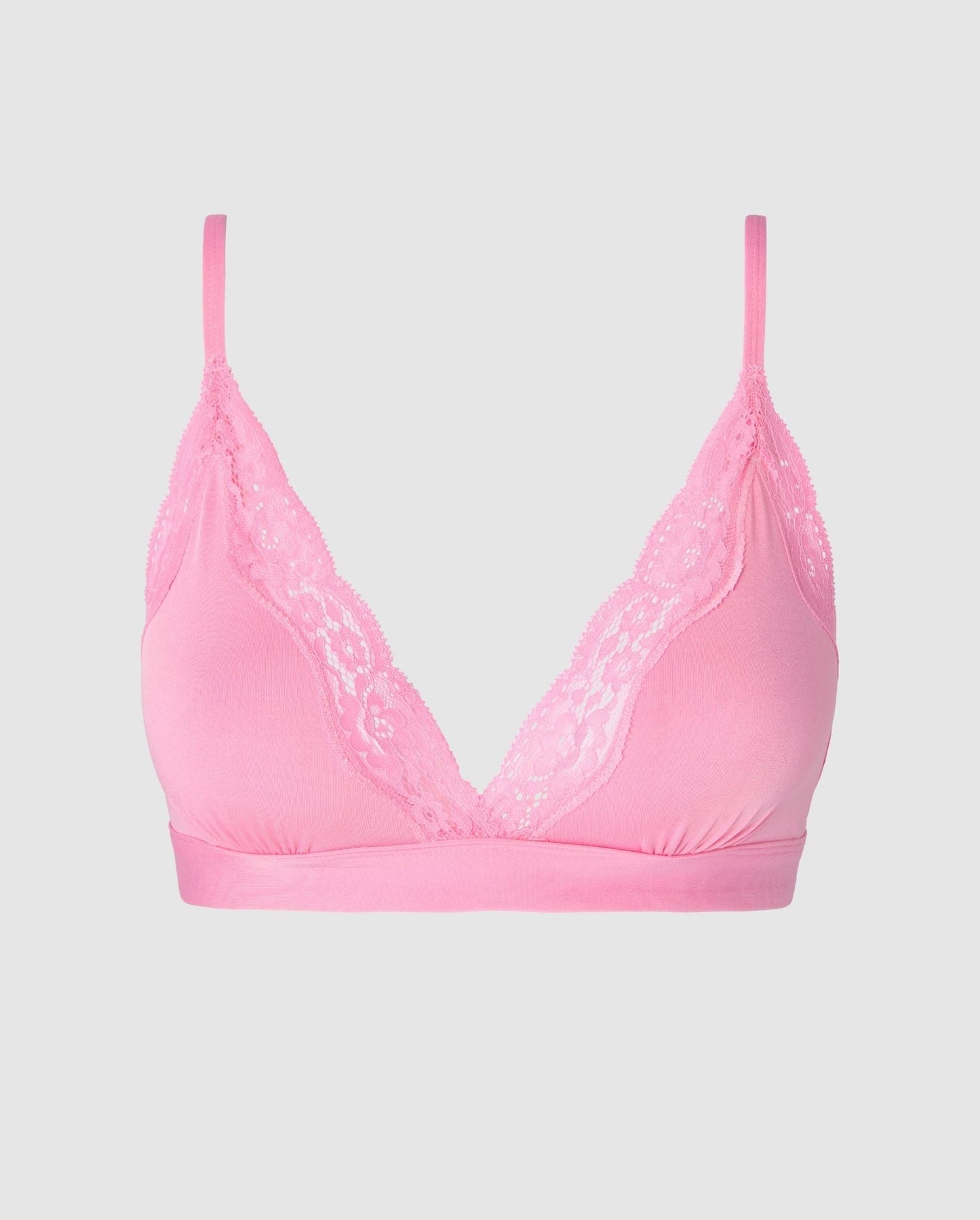 An pink triangle bralette in microfiber with lace accessories.