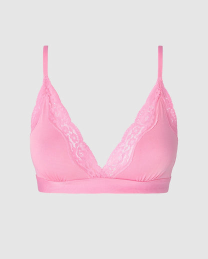 An pink triangle bralette in microfiber with lace accessories.