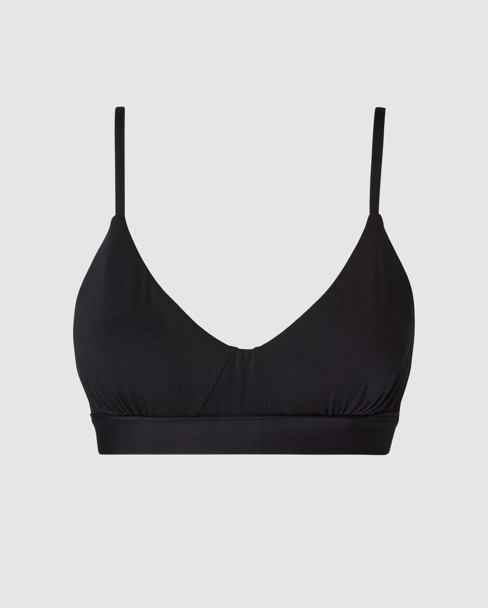 An medium cover scoop bralette with an black design.  